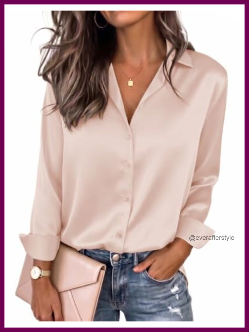 Satin Button Down Blouse Long Sleeve V-Neck Loose Fit Business Casual